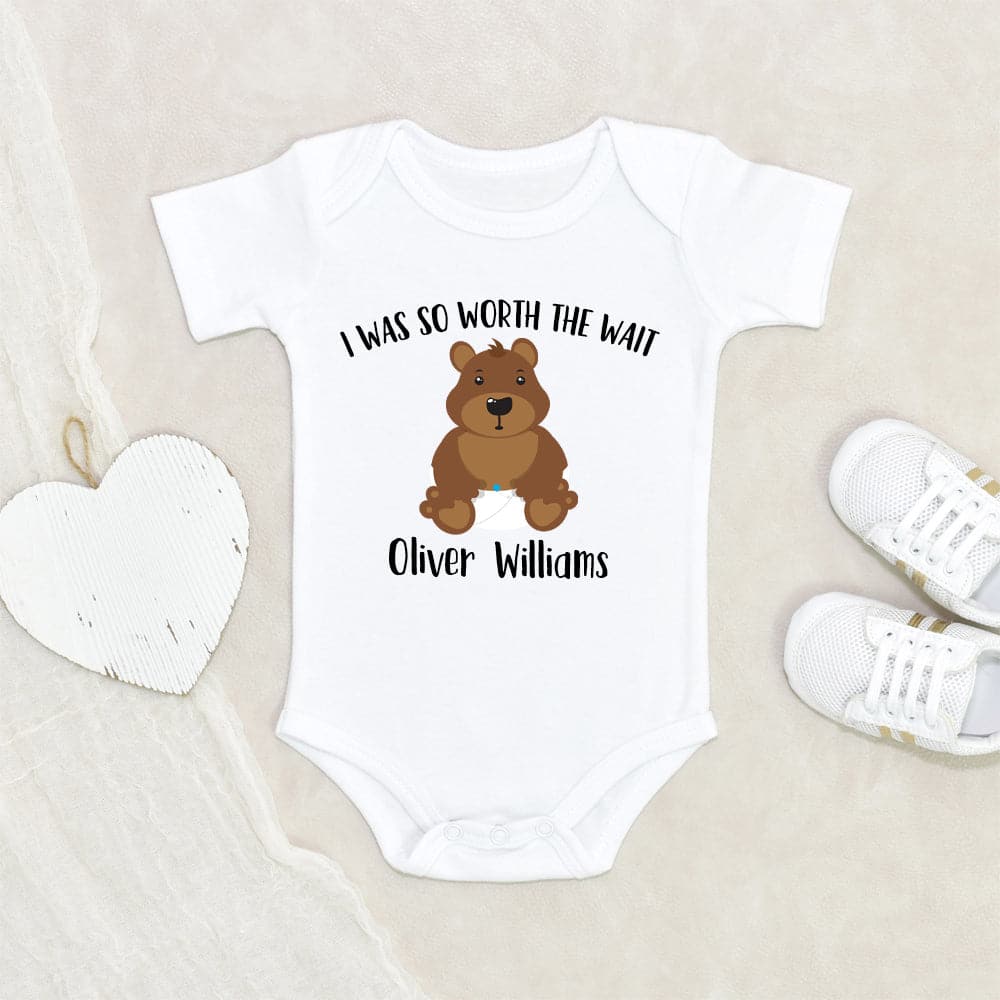 Custom Boys Name Onesie - Worth the Wait Boy Teddy Bear Onesie - Personalized Baby Onesie - Pregnancy Announcement Onesie