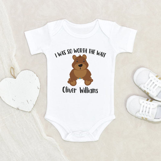 Custom Boys Name Onesie - Worth the Wait Boy Teddy Bear Onesie - Personalized Baby Onesie - Pregnancy Announcement Onesie