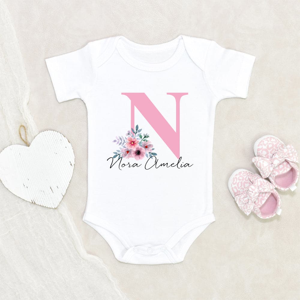 Baby Name Onesie - Custom Girl Onesie - Pink Flowers Girl Onesie - Unique Baby Girl Clothes - Personalized Floral Baby Girl Onesie