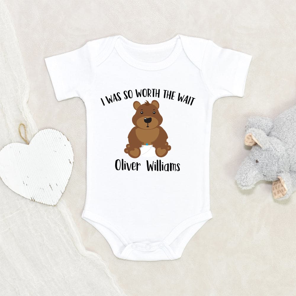 Custom Boys Name Onesie - Worth the Wait Boy Teddy Bear Onesie - Personalized Baby Onesie - Pregnancy Announcement Onesie