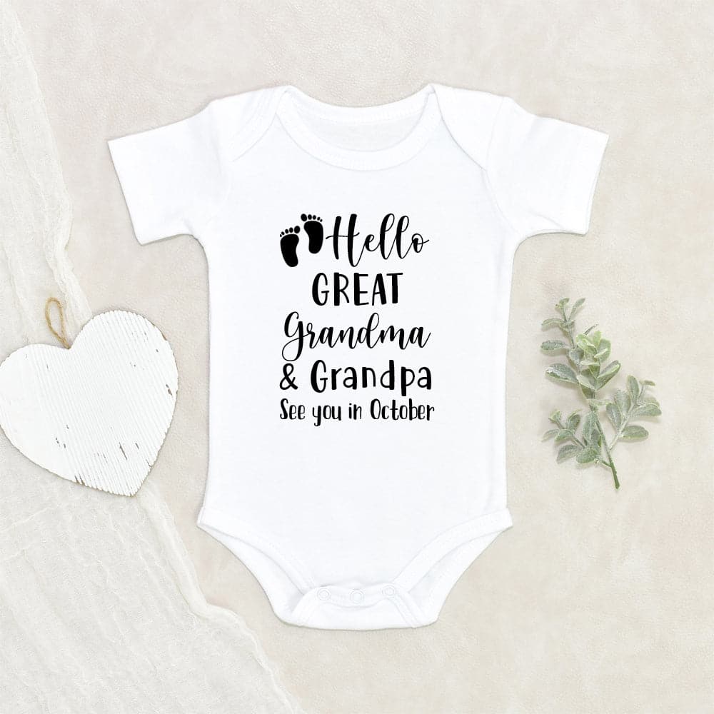 Personalized Baby Onesie - Birth Reveal Baby Clothes - Hello Great Grandma And Grandpa Onesie - Custom Baby Onesie - Grandparents Announcement Onesie