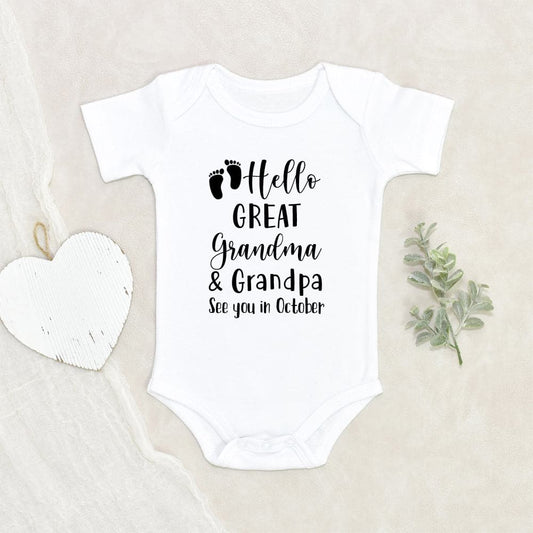 Personalized Baby Onesie - Birth Reveal Baby Clothes - Hello Great Grandma And Grandpa Onesie - Custom Baby Onesie - Grandparents Announcement Onesie