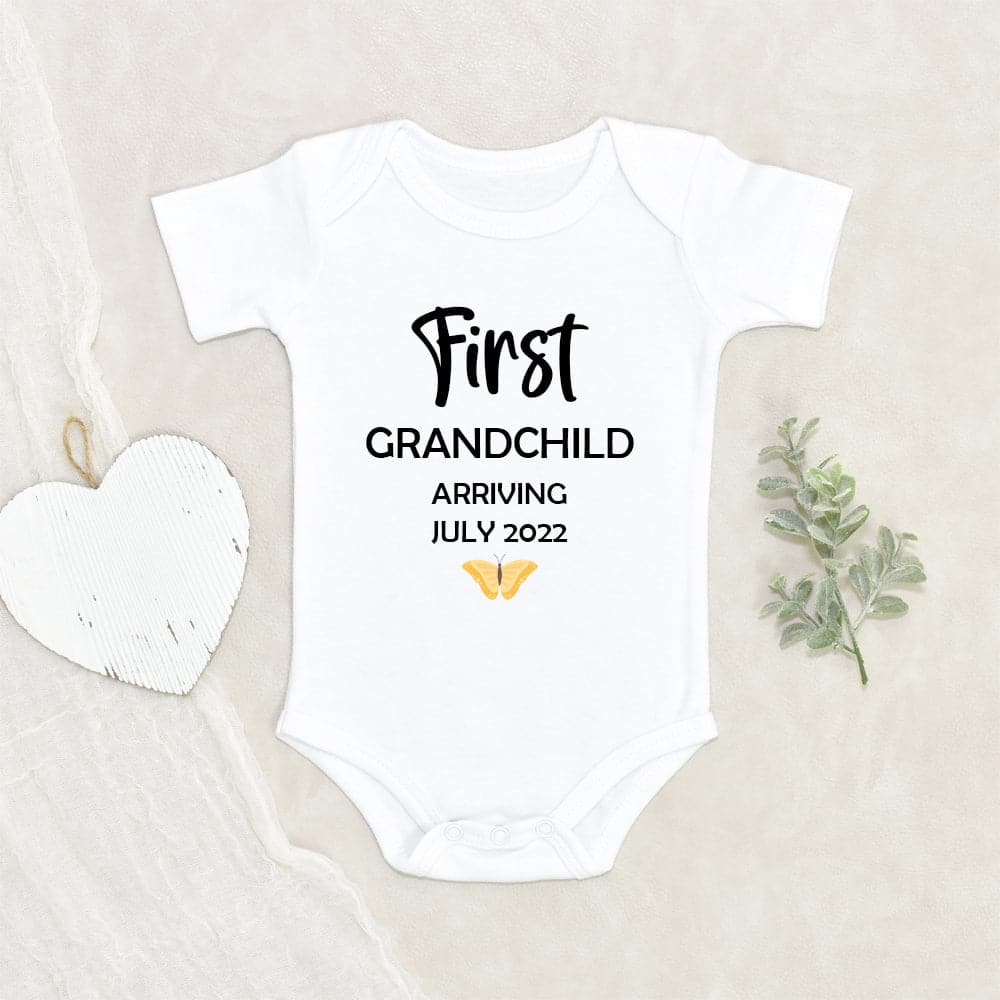 Grandchild Baby Onesie Custom Pregnancy Announcement Baby Onesie First Grandchild Arriving Personalized Baby Onesie Baby Reveal Onesie Pregnancy Announcement Baby Clothes