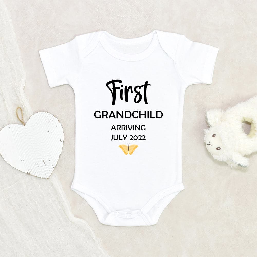 Grandchild Baby Onesie Custom Pregnancy Announcement Baby Onesie First Grandchild Arriving Personalized Baby Onesie Baby Reveal Onesie Pregnancy Announcement Baby Clothes
