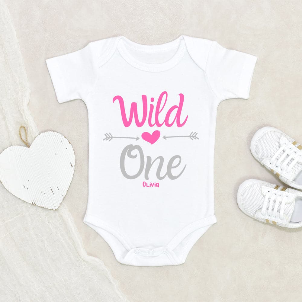 Personalized Baby Onesie - Baby Girl Name Onesie - First Birthday Onesie - Wild One Onesie - One Heart Onesie - First Birthday Clothes - Silver Onesie
