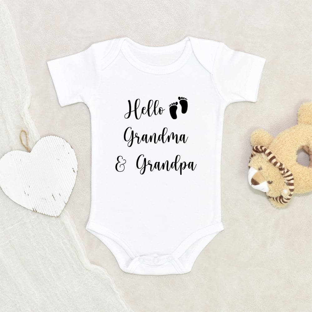 Birth Reveal To Grandparents Onesie - Pregnancy Announcement Onesie - Hello Grandma And Grandpa Onesie - Cute Baby Footprints Onesie - Grandparent Baby Clothes
