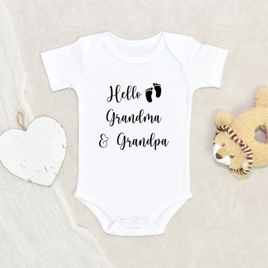 Birth Reveal To Grandparents Onesie - Pregnancy Announcement Onesie - Hello Grandma And Grandpa Onesie - Cute Baby Footprints Onesie - Grandparent Baby Clothes