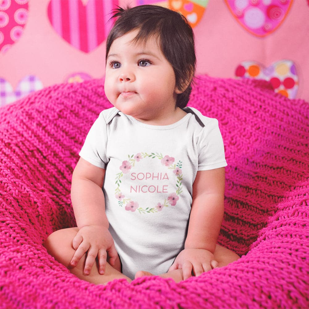 Custom Name Baby Onesie - Cute Flowers Baby Onesie - Pink Flowers Wreath Onesie - Personalized Name Onesie - Baby Girl Clothes