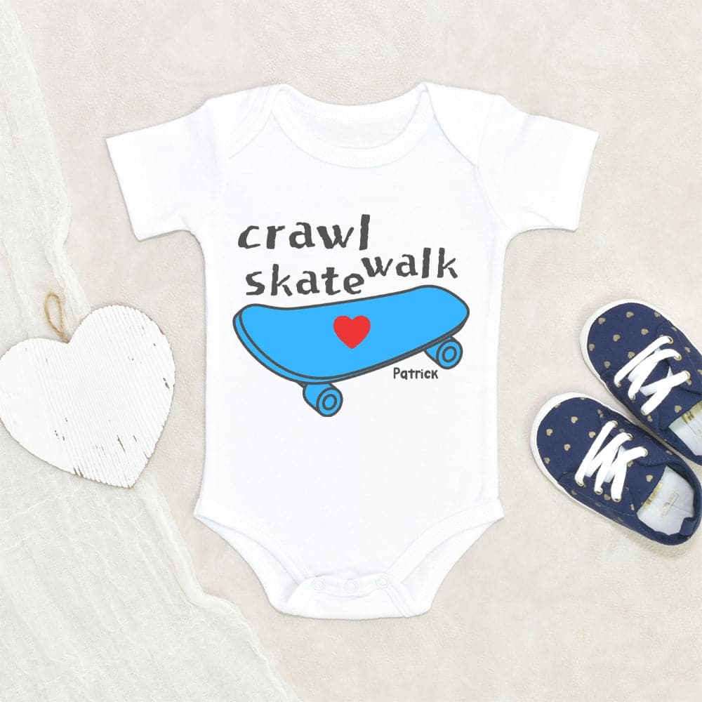 Personalized Skateboard Onesie - Crawl Walk Skate Onesie - Custom Boy Onesie - Baby Boy Onesie - Funny Boy Onesie - Skateboard Onesie - Blue Onesie