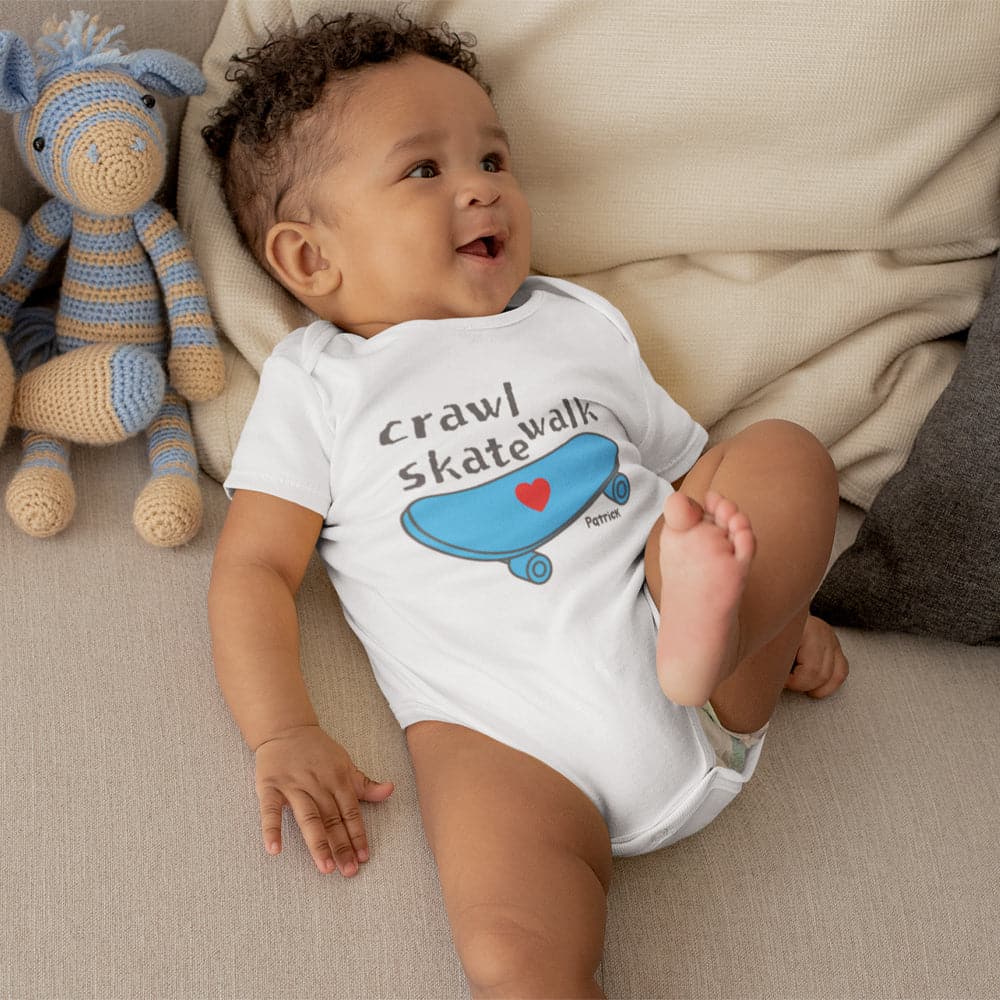 Personalized Skateboard Onesie - Crawl Walk Skate Onesie - Custom Boy Onesie - Baby Boy Onesie - Funny Boy Onesie - Skateboard Onesie - Blue Onesie