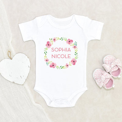 Custom Name Baby Onesie - Cute Flowers Baby Onesie - Pink Flowers Wreath Onesie - Personalized Name Onesie - Baby Girl Clothes