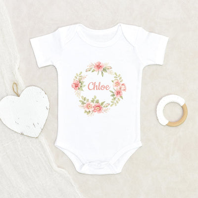 Cute Baby Girl Onesie - Personalized Baby Girl Name Onesie - Flower Wreath Baby Onesie - Pink Flower Baby Onesie - Custom Baby Clothes