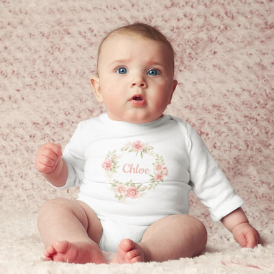 Cute Baby Girl Onesie - Personalized Baby Girl Name Onesie - Flower Wreath Baby Onesie - Pink Flower Baby Onesie - Custom Baby Clothes