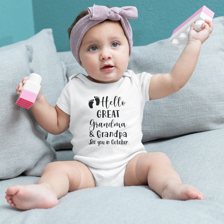 Personalized Baby Onesie - Birth Reveal Baby Clothes - Hello Great Grandma And Grandpa Onesie - Custom Baby Onesie - Grandparents Announcement Onesie