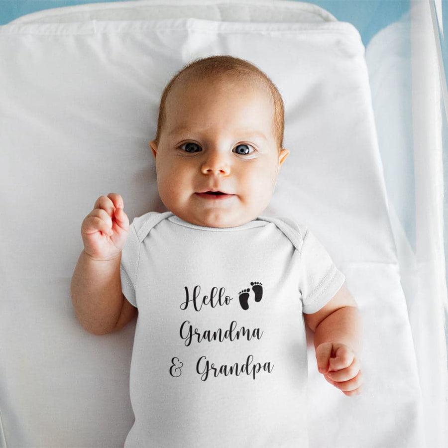 Birth Reveal To Grandparents Onesie - Pregnancy Announcement Onesie - Hello Grandma And Grandpa Onesie - Cute Baby Footprints Onesie - Grandparent Baby Clothes